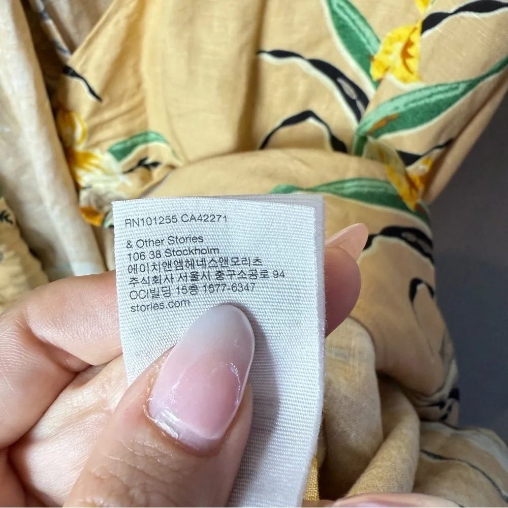 & Other Stories Tropical Flower Print Linen Blend Wrap Mini Dress US size 2 - Picture 9 of 12
